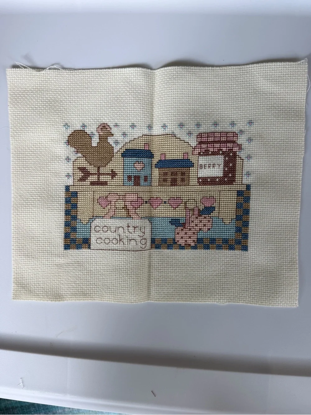 Vintage Hand Crafted Country Kitchen Cross Stitch in Blue, Pink, Brown